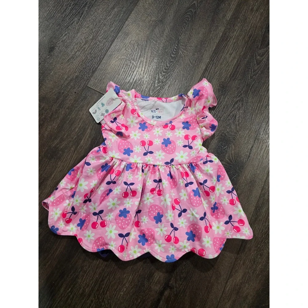 Pete + Lucy Baby Girl Pink Strawberry Cherry Floral Dress Bloomer Set 9-12M NWT